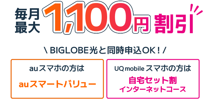 毎月最大1,100円割引 BIGLOBE光と同時申込OK! auスマホの方はauスマートバリュー、UQ mobileスマホの方は自宅セット割 インターネットコース